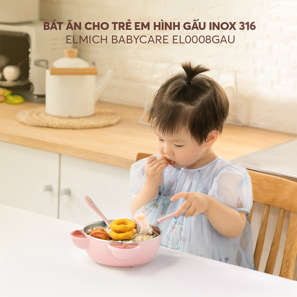 (MEGA 6.6)Bát ăn cho trẻ em hình gấu inox 316 Elmich Babycare EL-0008GAU