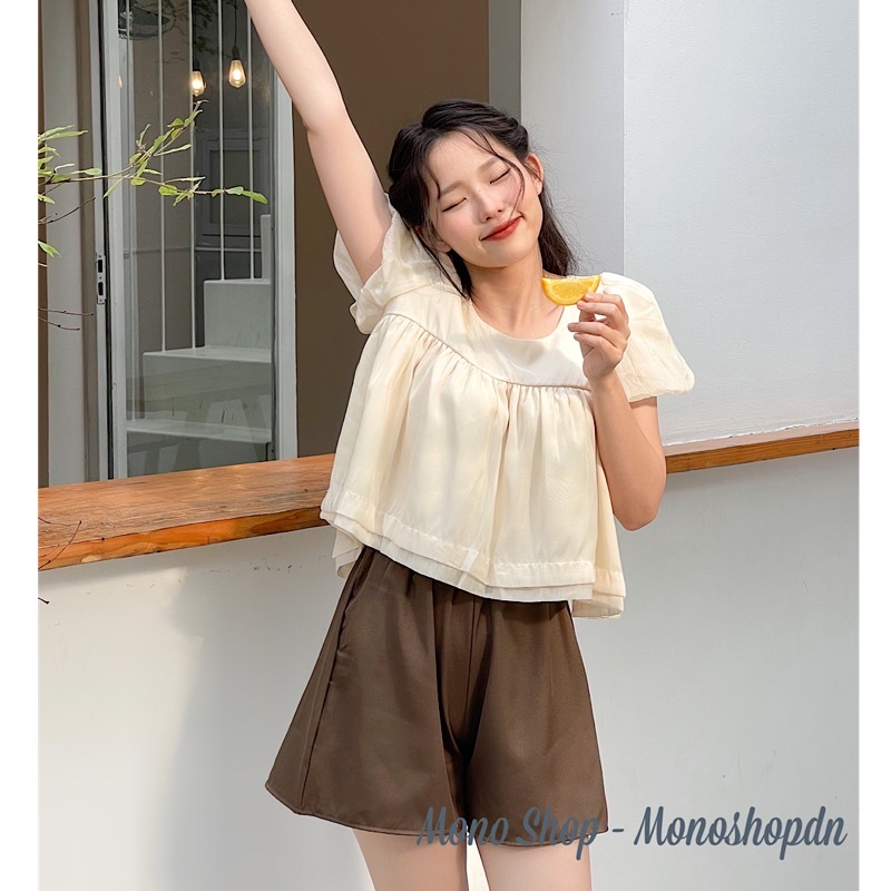 Set áo babydoll voan tơ kèm quần short nâu lưng chun Ảnh thật/ sẵn