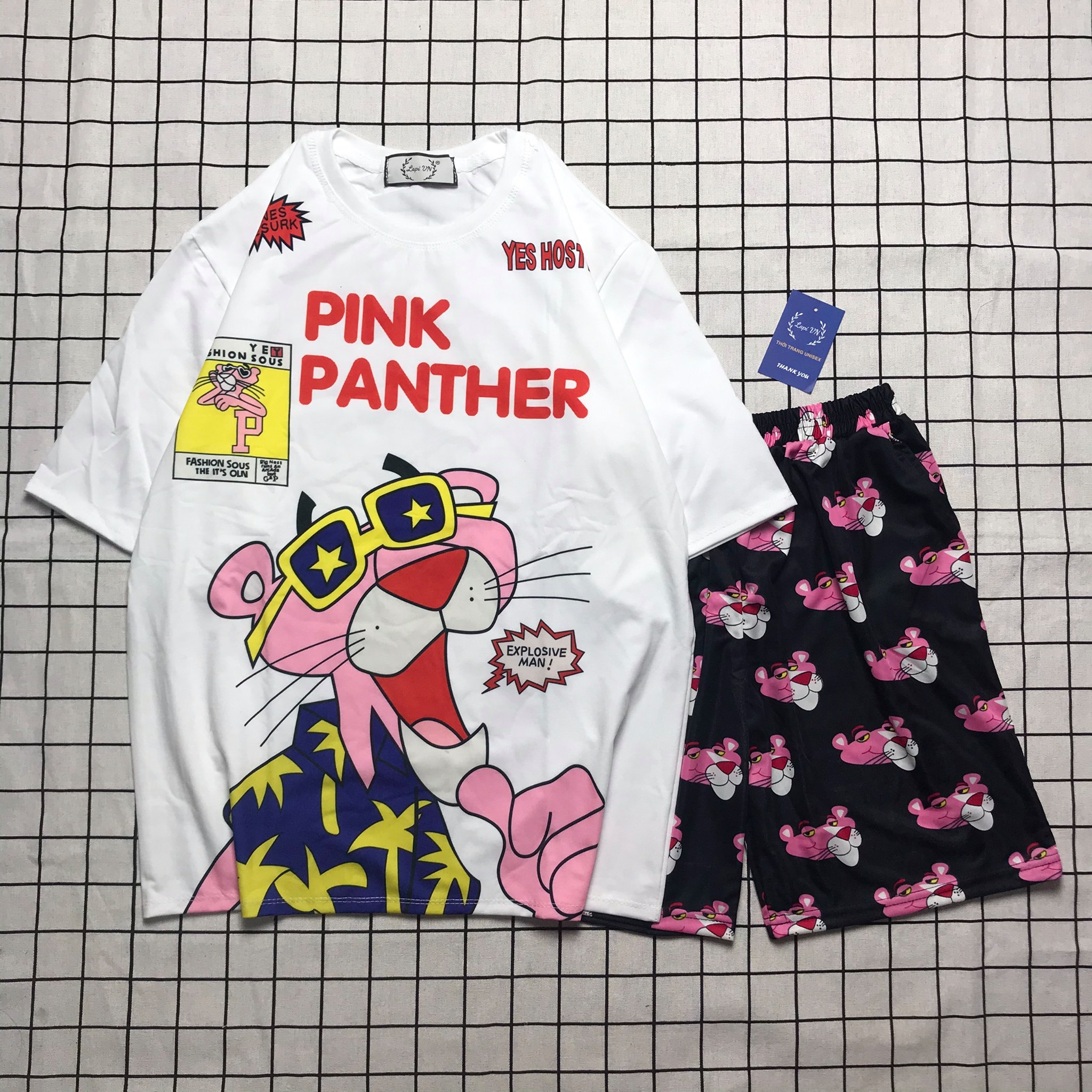 Set Đồ Bộ In Hình Chú Báo Hồng- the pink panther cartoon 3D Cute DB45-Lapi VN Áo+ Quần Đùi Vải Thun 