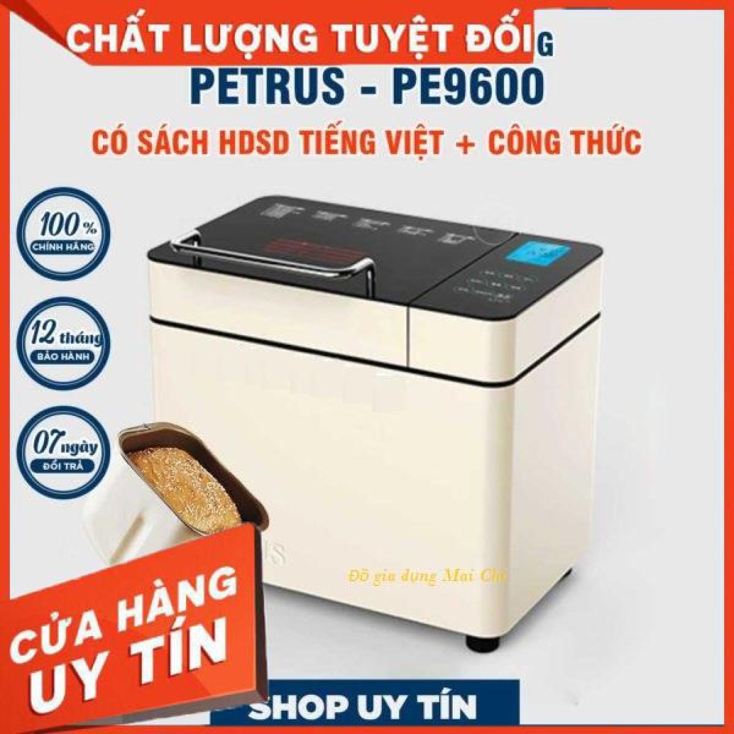 Máy làm bánh mì tự động 3 trong 1 Petrus PE9600VN bản tiếng Việt, tặng kèm găng tay, sách công thức tiếng việt