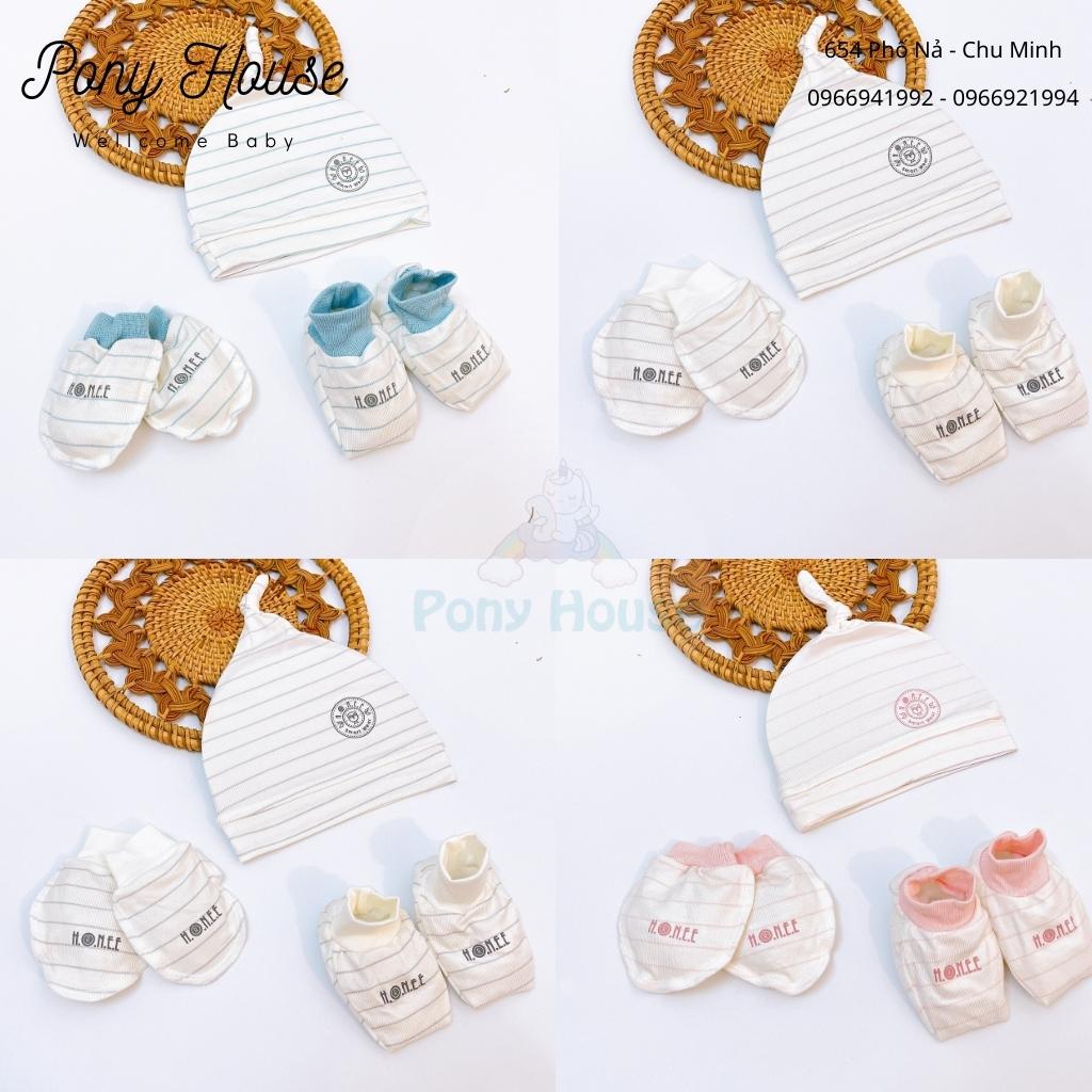 Set mũ, bao tay, bao chân hrnee sơ sinh chất petit mềm mại cho bé trai bé gái sơ sinh 0-3 tháng