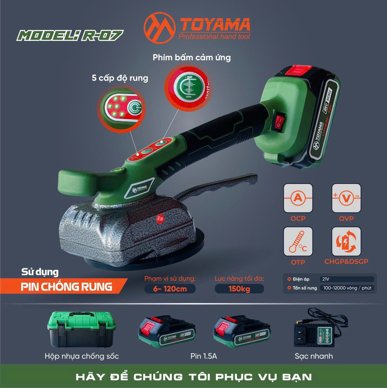 Máy rung hít gạch dùng pin Toyama, chuyên dùng ốp lát gạch, 5 cấp độ rung, bảo hành 6 tháng