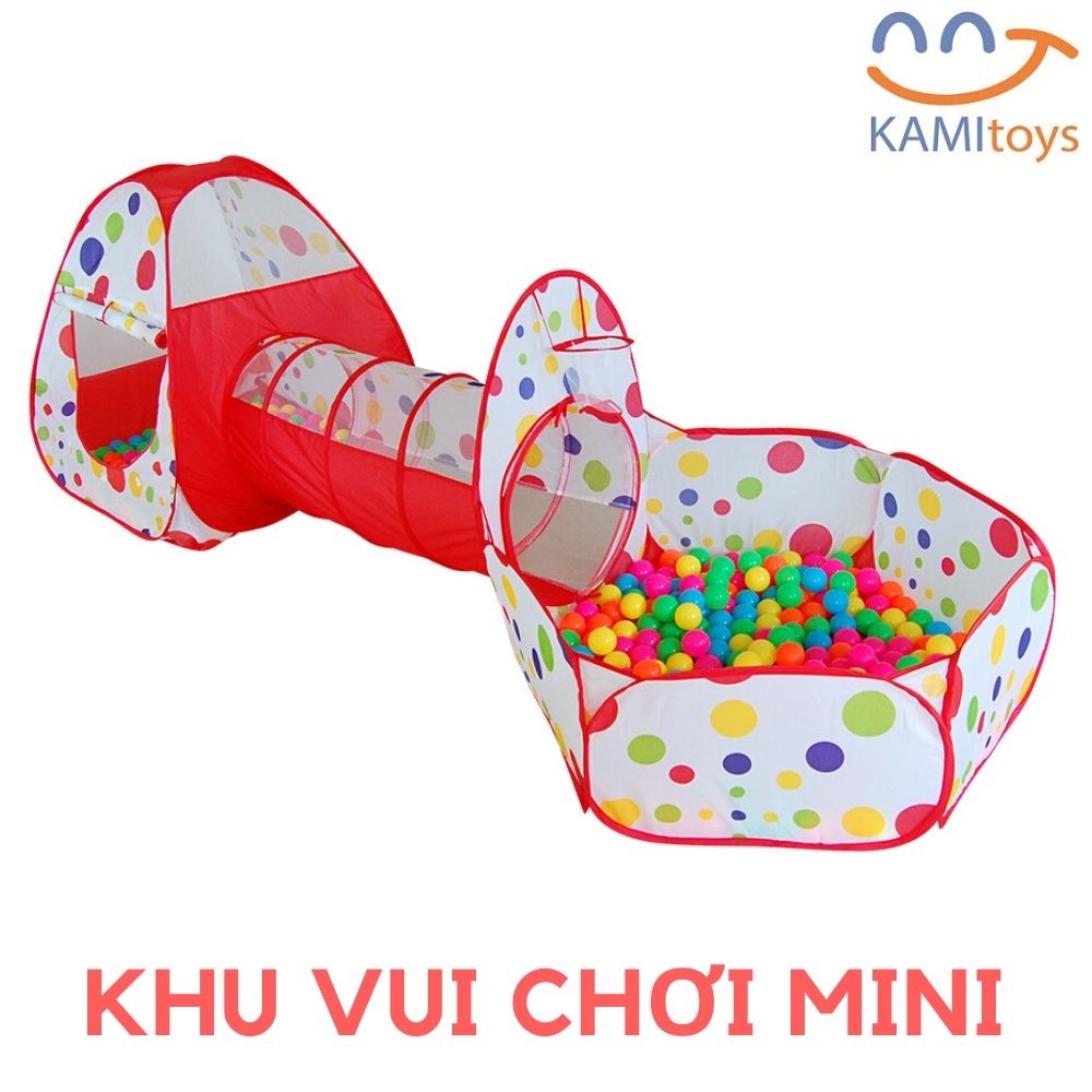 Nhà bóng cho bé kiểu nhà chơi liên hoàn gồm Lều - Ống chui - Quây banh có cột bóng rổ khung kim loại vải dù gấp gọn tự bung MoonShop 50091