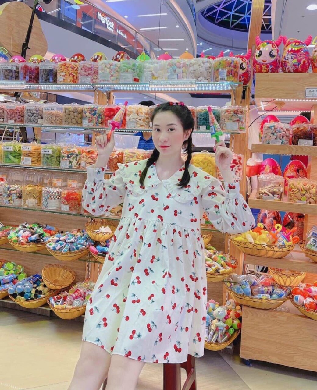 Đầm babydoll tay dài i hình cherry dễ thương đáng yêu