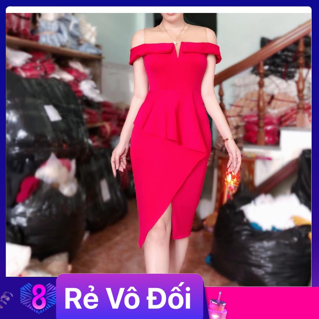Đầm body phối lưới rớt vai chất umi freesize 3 màu đỏ vàng nude