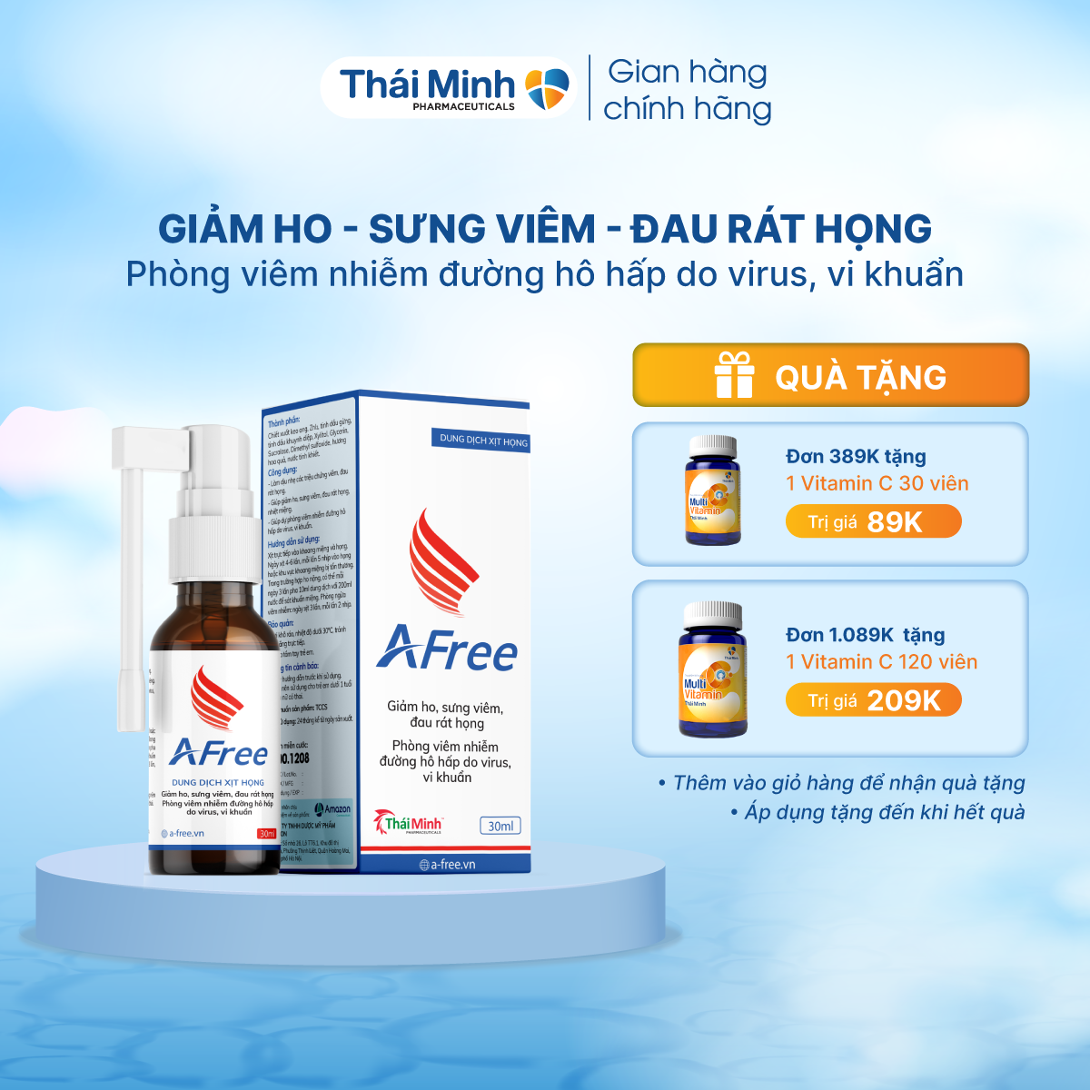 Xịt họng AFree Thái Minh - Hỗ trợ giảm nhanh triệu chứng ho, sưng viêm, đau rát họng, nhiệt miệng - Chai 30ml