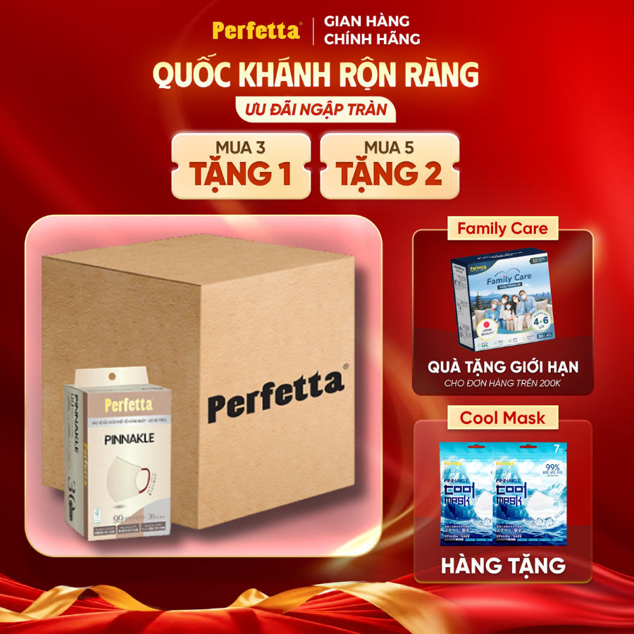 Thùng 300 Cái Khẩu Trang Perfetta Pinnakle, Chuẩn From 5D, Lọc Bụi Mịn PM 2.5 (30 cái/hộp)