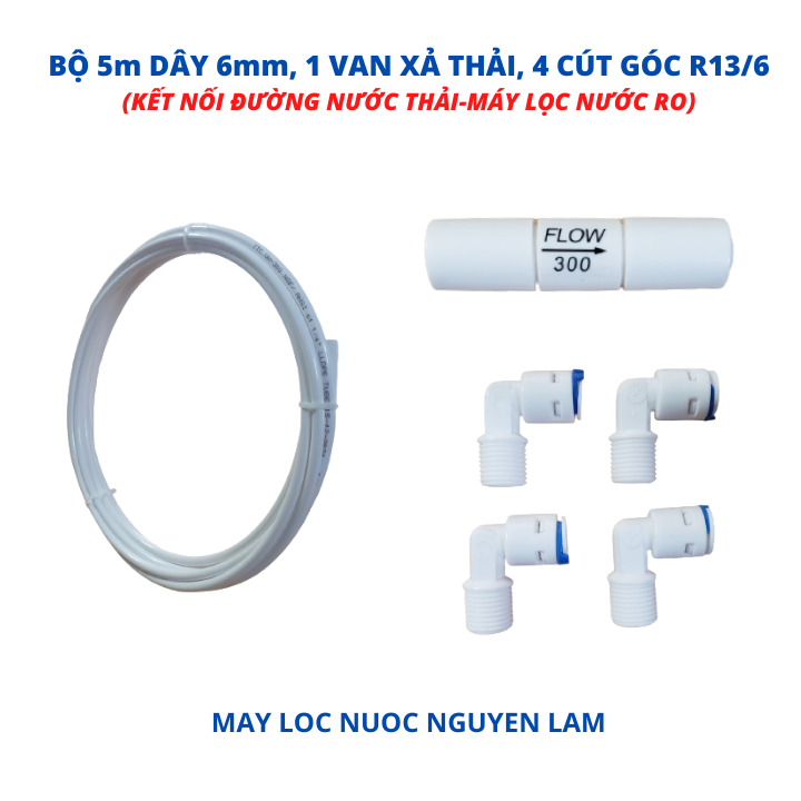 Bộ 5m dây 6mm/ 1 van xả thải/ 4 cút góc nối nhanh r13/6