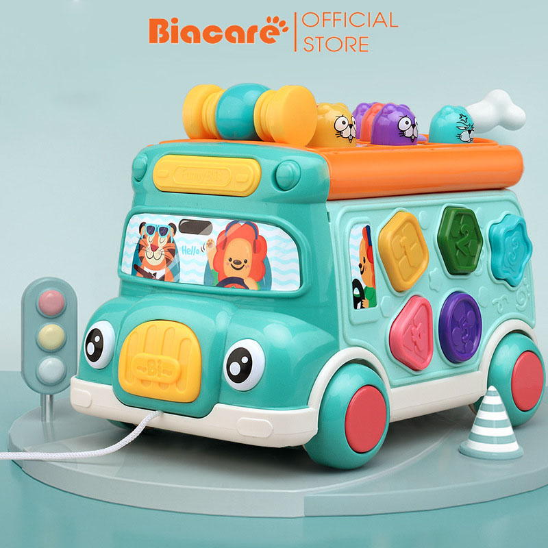 Ô tô đồ chơi xe bus kéo đa năng 6 trong 1 gồm đập chuột, thả khối, xoay bánh răng, đồng hồ, xoay vô lăng cho bé