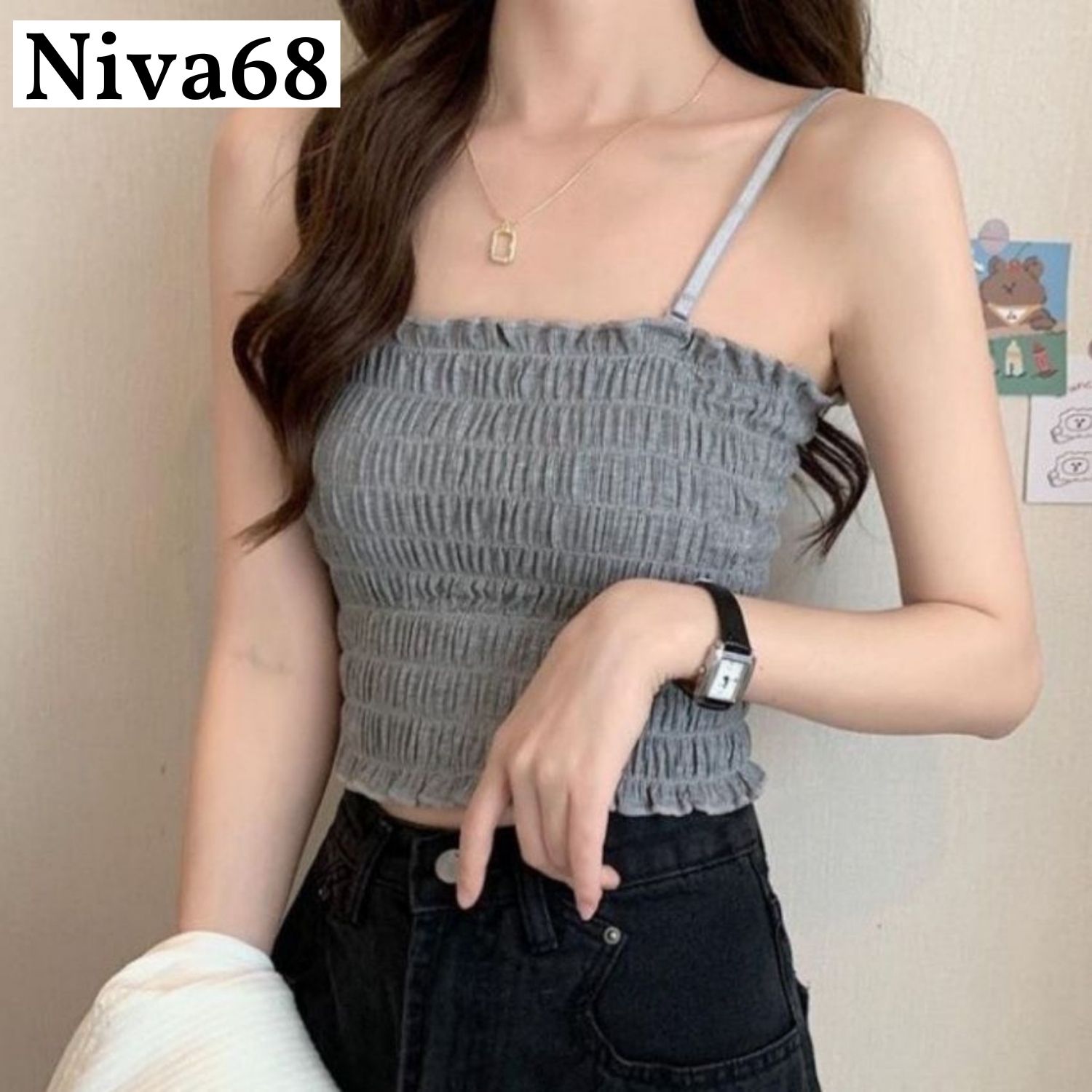 Áo hai dây nữ Áo Bra 2 Dây Nhún Vải gân  tăm mặc bó vào body nhưng lại vô cùng thoải mái dễ thương (Áo FREESIZE Vòng 1 dưới 88cm) - 6843