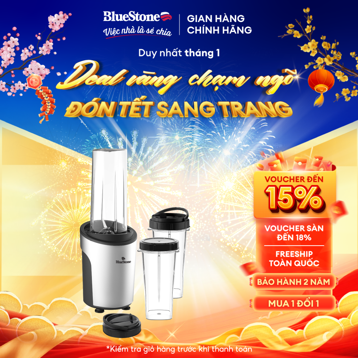 Máy Xay Sinh Tố Đa Năng BlueStone BLB-5310 - Công suất 450W - Với 3 ly xay sinh tố kiêm bình nước - Bảo hành 2 Năm - Hàng chính hãng