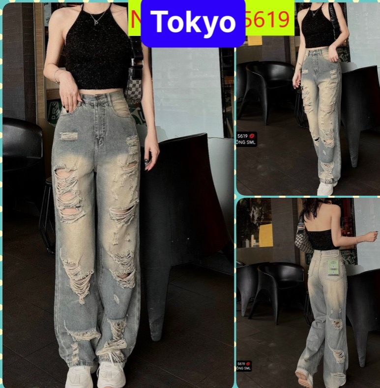  QUẦN JEAN NỮ BAGGY ỐNG SUÔNG RỘNG RÁCH TẢ TƠI XƠ MƯỚP LƯNG CAO NÂNG MÔNG PHONG CÁCH HOT 2024 -DB 5619- TOKYO FASHION 