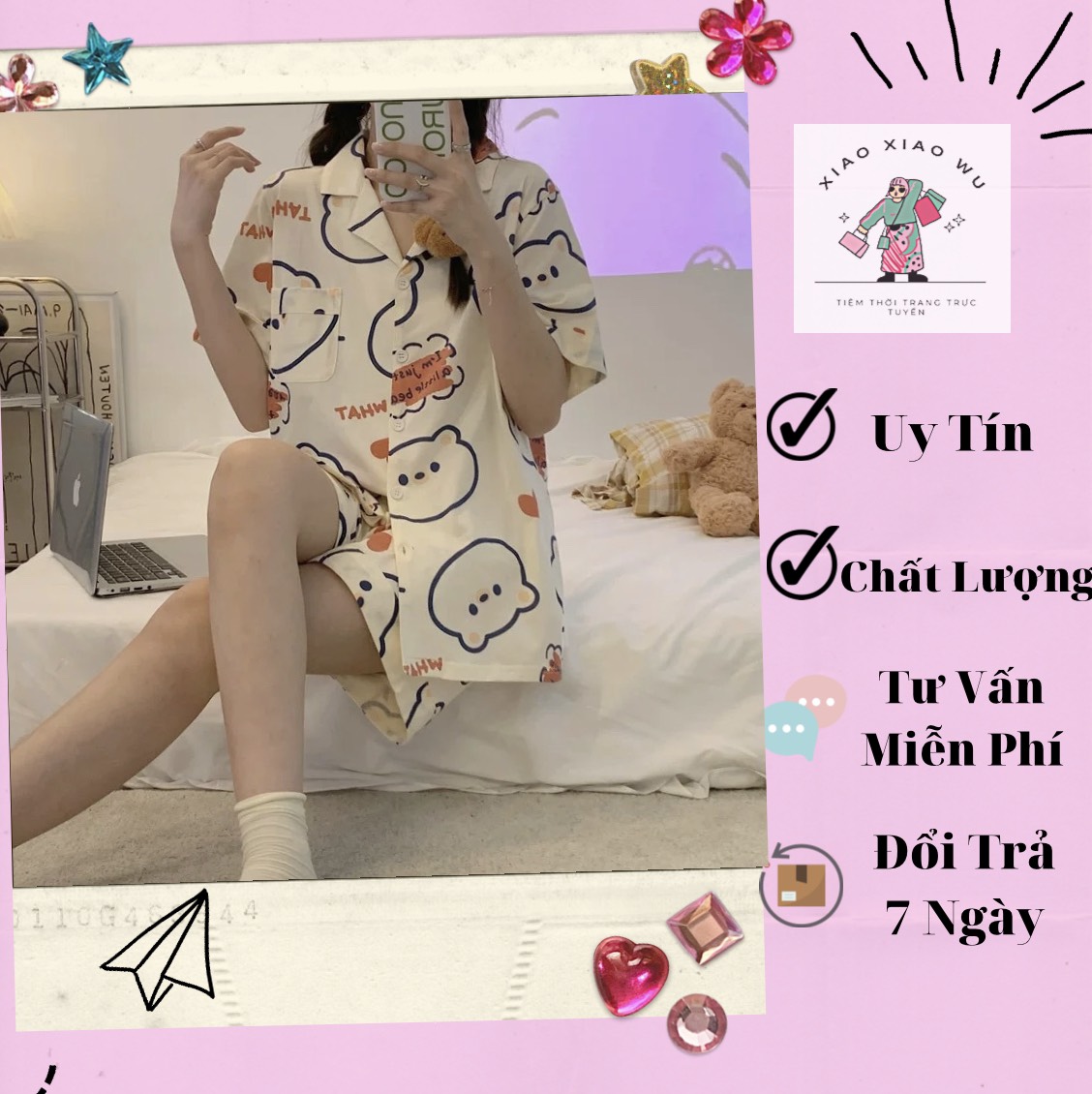 Set pyjama - bộ ngủ pijama tay cộc quần đùi chất lụa kate thái họa tiết gấu cuteee/vh002
