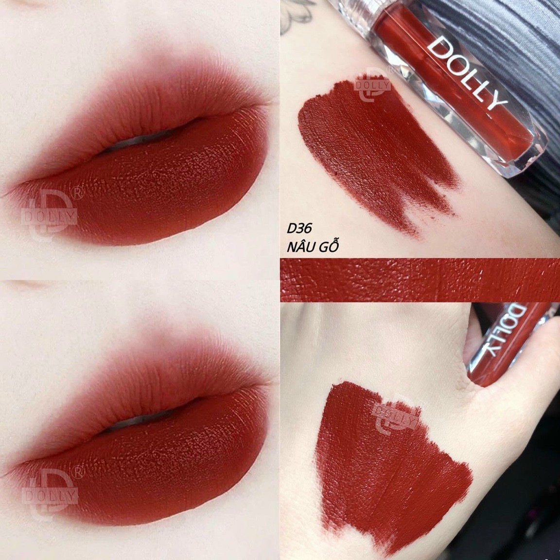 Son kem lì dolly diamod velvet màu nâu gỗ cao cấp mềm mịn môi