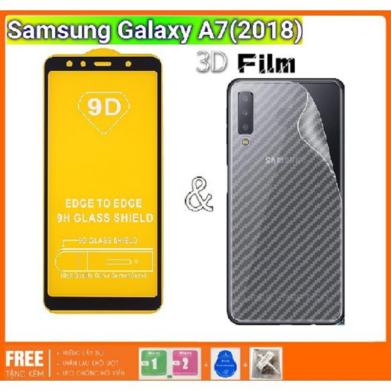 Samsung A7 2018 Kính cường lực 9D Full màn hình Full keo + dán vân carbon mặt sau máy