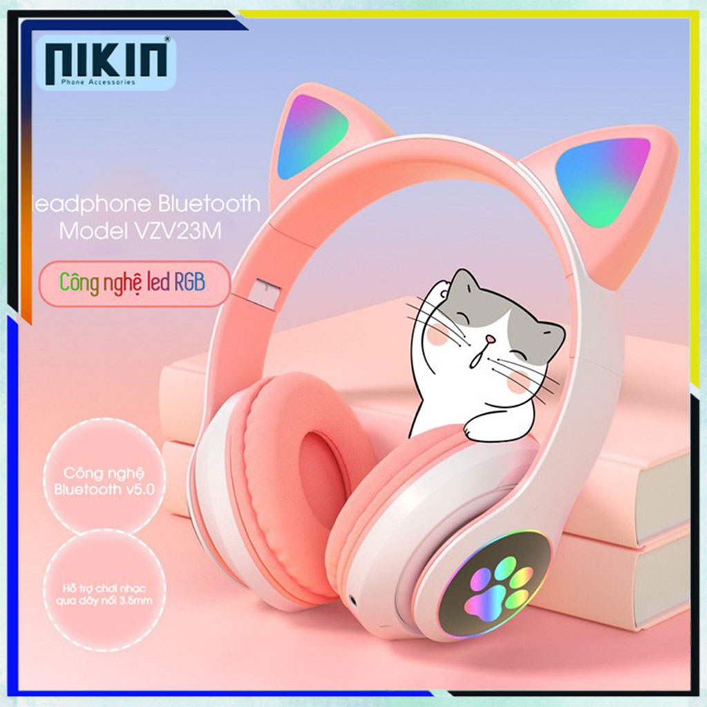 Tai Nghe Mèo Màu Hồng | Headphone Tai Mèo Dễ Thương Có Mic, Bluetooth 5.0, Âm Bass Mạnh Mẽ, Dung Lượng Pin Khủng - Nikin Official