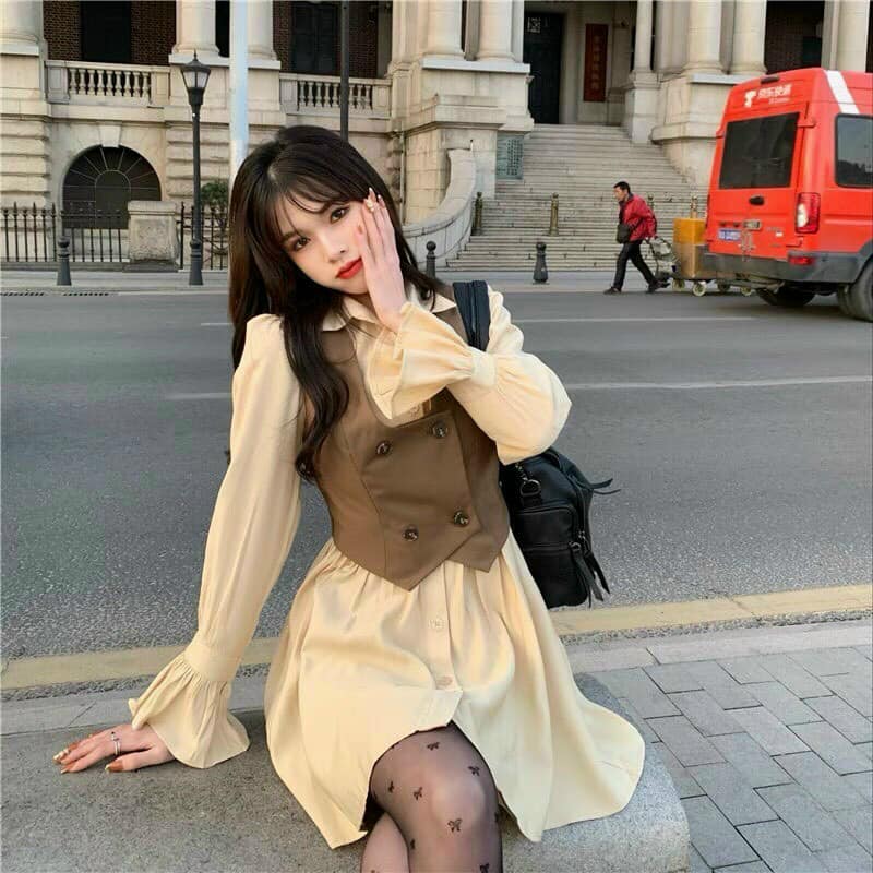 Set Đầm gile Nâu kèm áo khoác 2 món