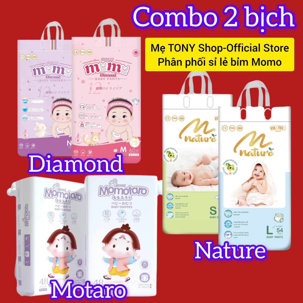 Combo 2 bịch bỉm tã dán/quần momo diamond/momotaro/momonature xuất nhật đủ size