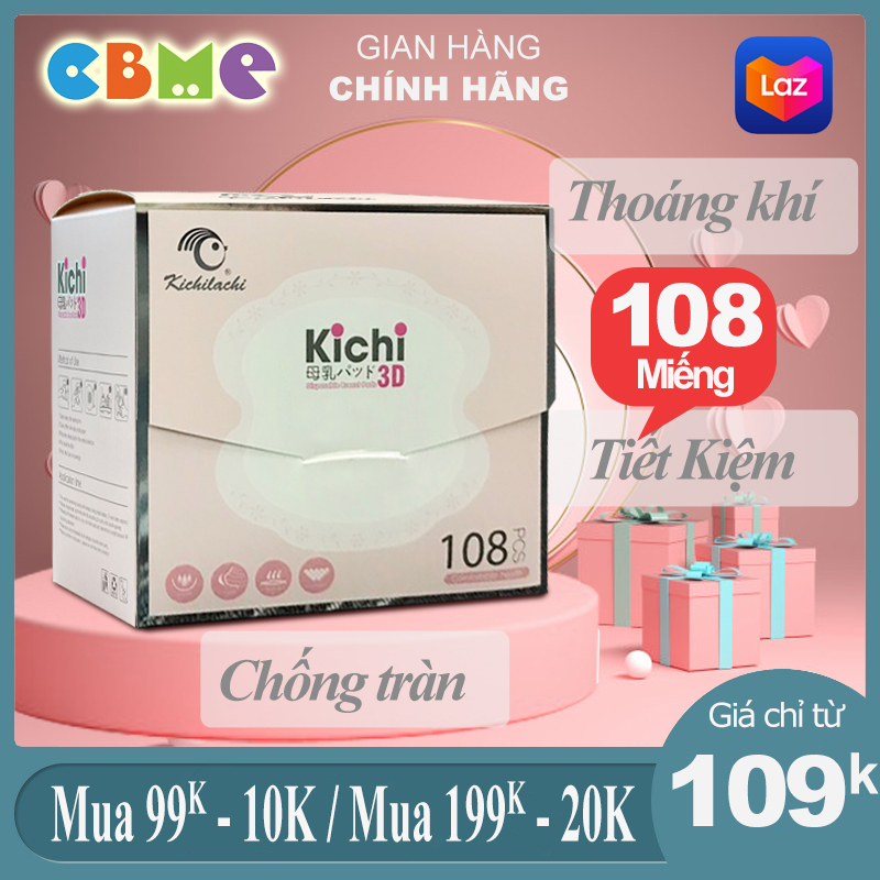 Miếng lót thấm sữa 3D Kichilachi 108 miếng dán, Hộp siêu tiết kiệm, Thấm hút nhanh dễ chịu không tràn sữa