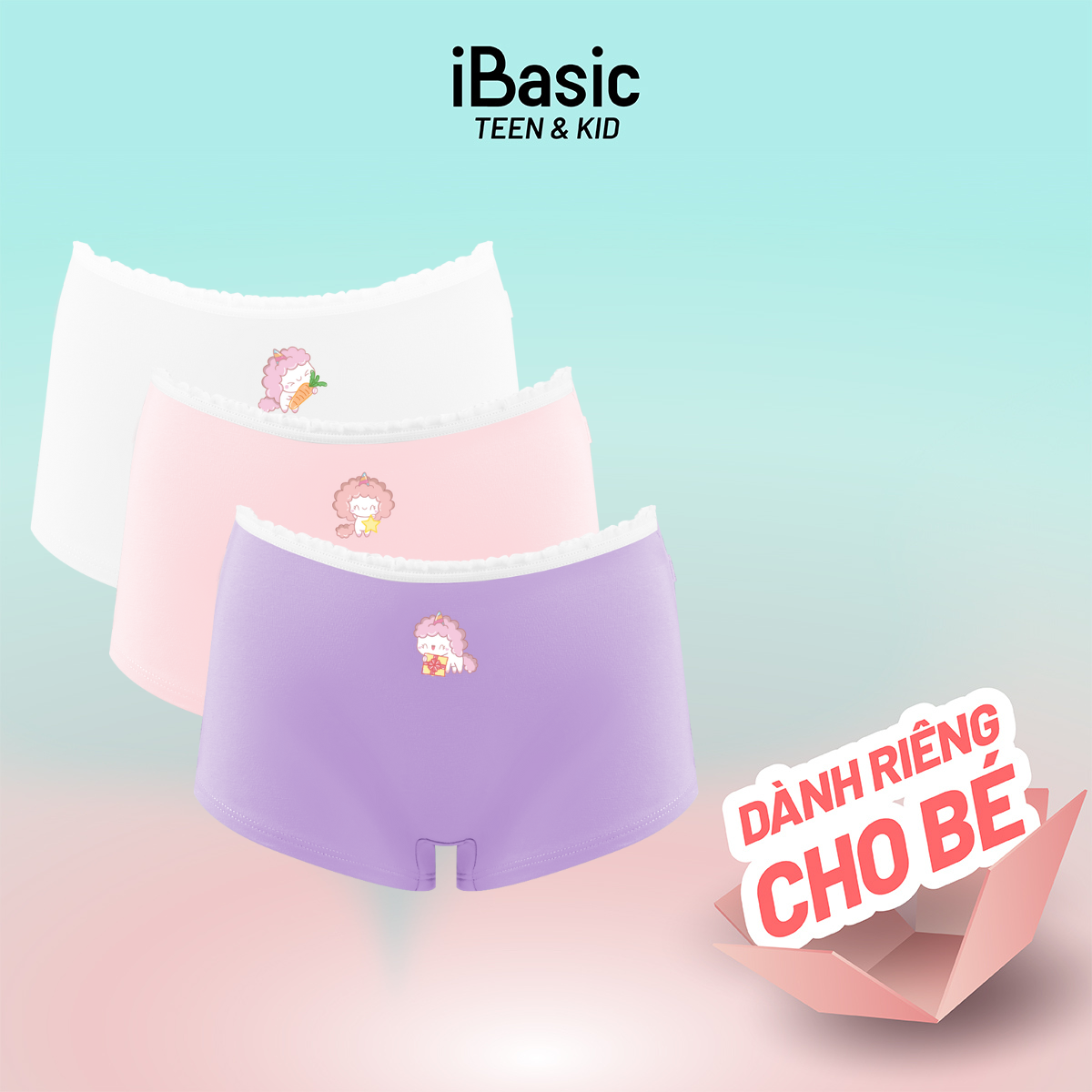  Hộp 3 quần lót bé gái iBasic cotton USA kháng khuẩn boyshort hoạ tiết PANG020 