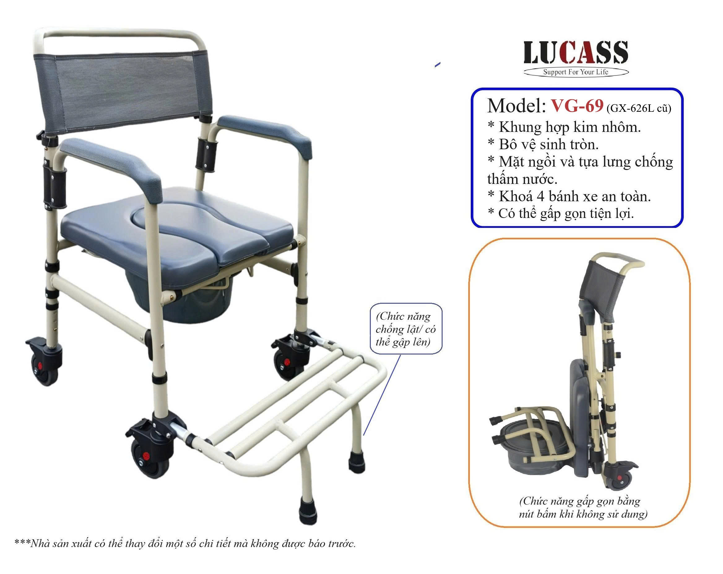 Ghế bô vệ sinh Lucass GX-626L thế hệ mới - Khung hợp kim nhôm, nâng được thành tay 2 bên, gấp gọn 1 chạm, BH 1 năm