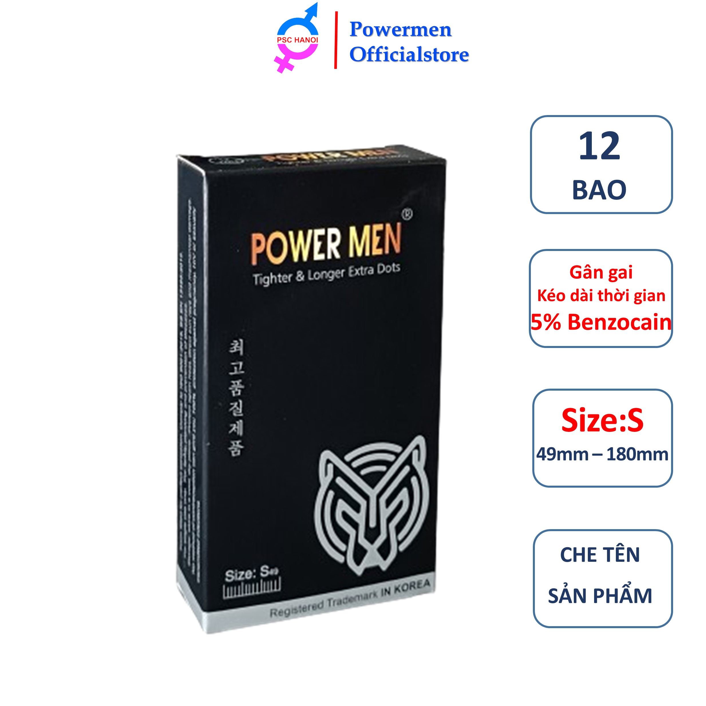 Bao cao su POWER MEN Gân gai size nhỏ 49mm chứa 5% Benzocain kéo dài thời gian kiểu dáng 3D ôm khít hộp 03 và 12 bcs
