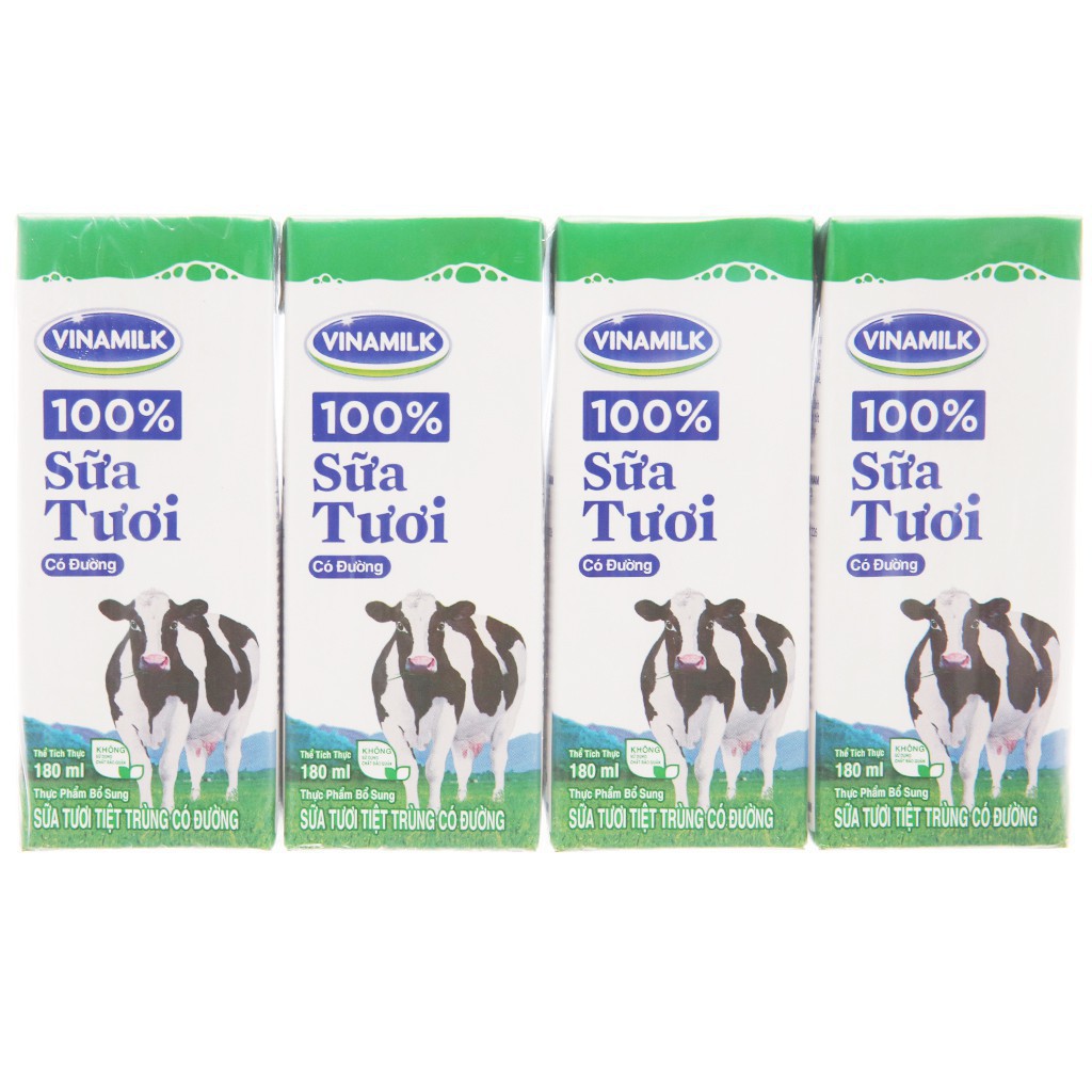 Lốc 4 hộp sữa tươi Vinamilk 100% Sữa Tươi 180ml DATE 2021 - Ít đường