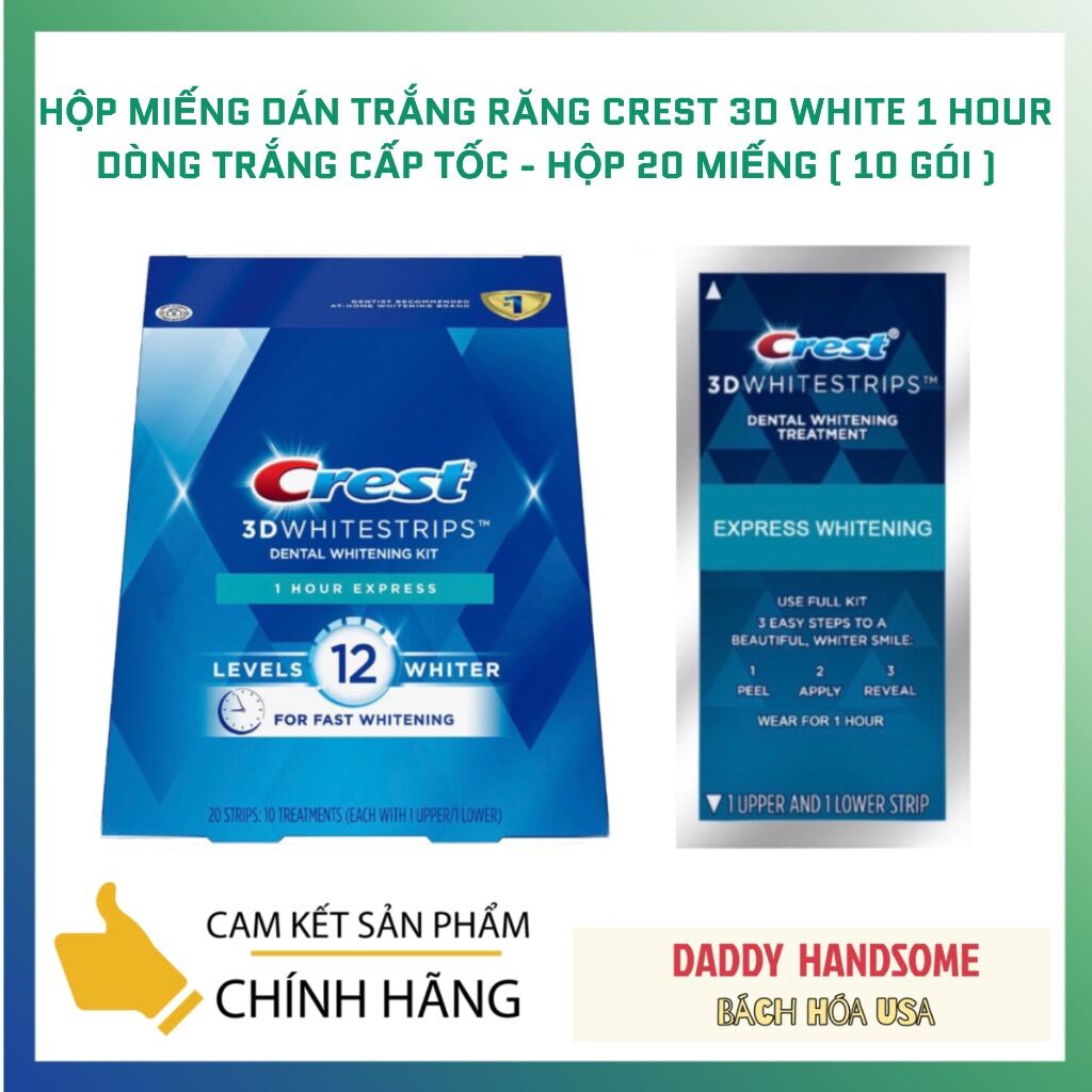 Hộp miếng dán trắng răng crest 3d white 1 hour dòng trắng cấp tốc - hộp nguyên 10 gói dán