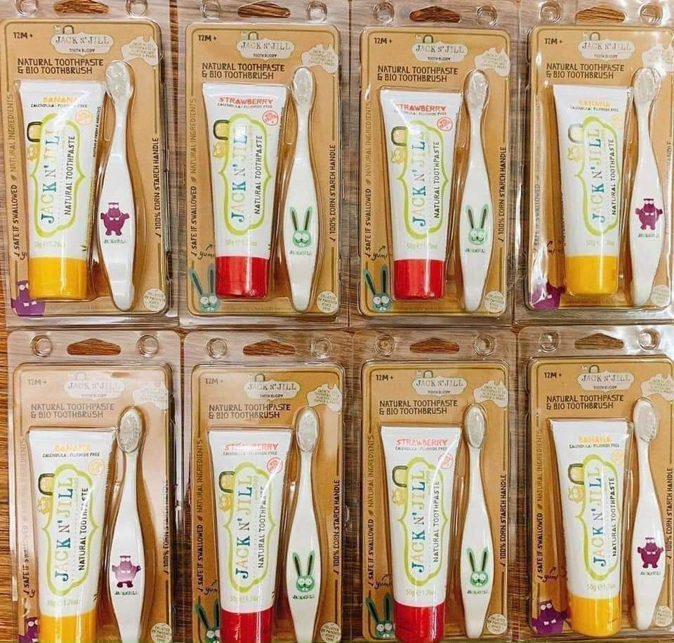 Bàn chải và kem đánh răng hữu cơ cho bé jack n jill, kem đánh răng cho bé nuốt đươc