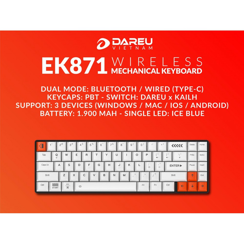 Bàn phím cơ không dây Bluetooth DAREU EK871 71KEY (PBT Blue/ Brown/ Red D-KAILH switch), sản phẩm tốt với chất lượng, độ bền cao và được cam kết sản phẩm y như hình