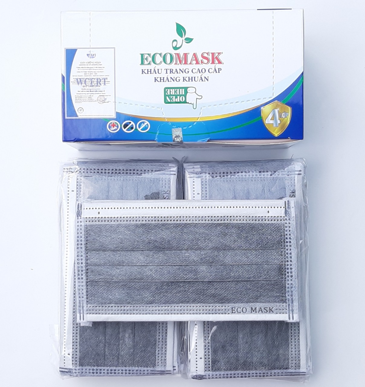 [50 cái Xám Cao Cấp] Khẩu trang y tế ECO MASK 4 Lớp chống thấm nước kháng khuẩn ngăn ngừa vi virus, bụi bẩn qua đường hô hấp nhờ lớp lọc cao cấp (hộp/50cái)