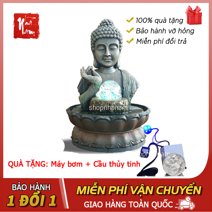 Thác nước phong thủy Nhất tâm bái phật để bàn, tặng máy bơm nước Phong Thủy Nhã Nam đức phật tọa thiền an nhiên phổ độ chúng sinh