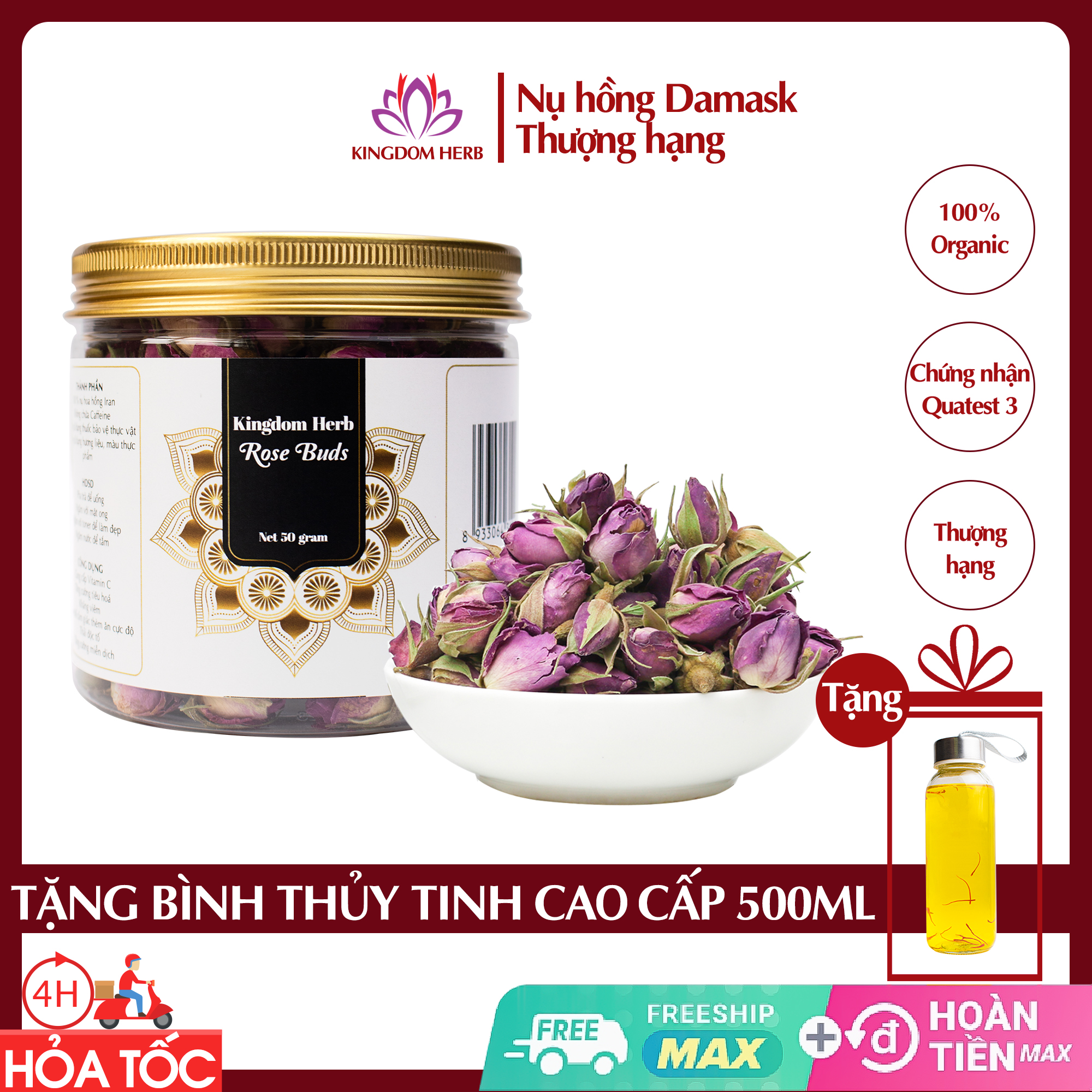 Trà hoa hồng sấy khô Kingdom Iran thượng hạng, nụ hoa hồng khô Iran hộp 50 gram