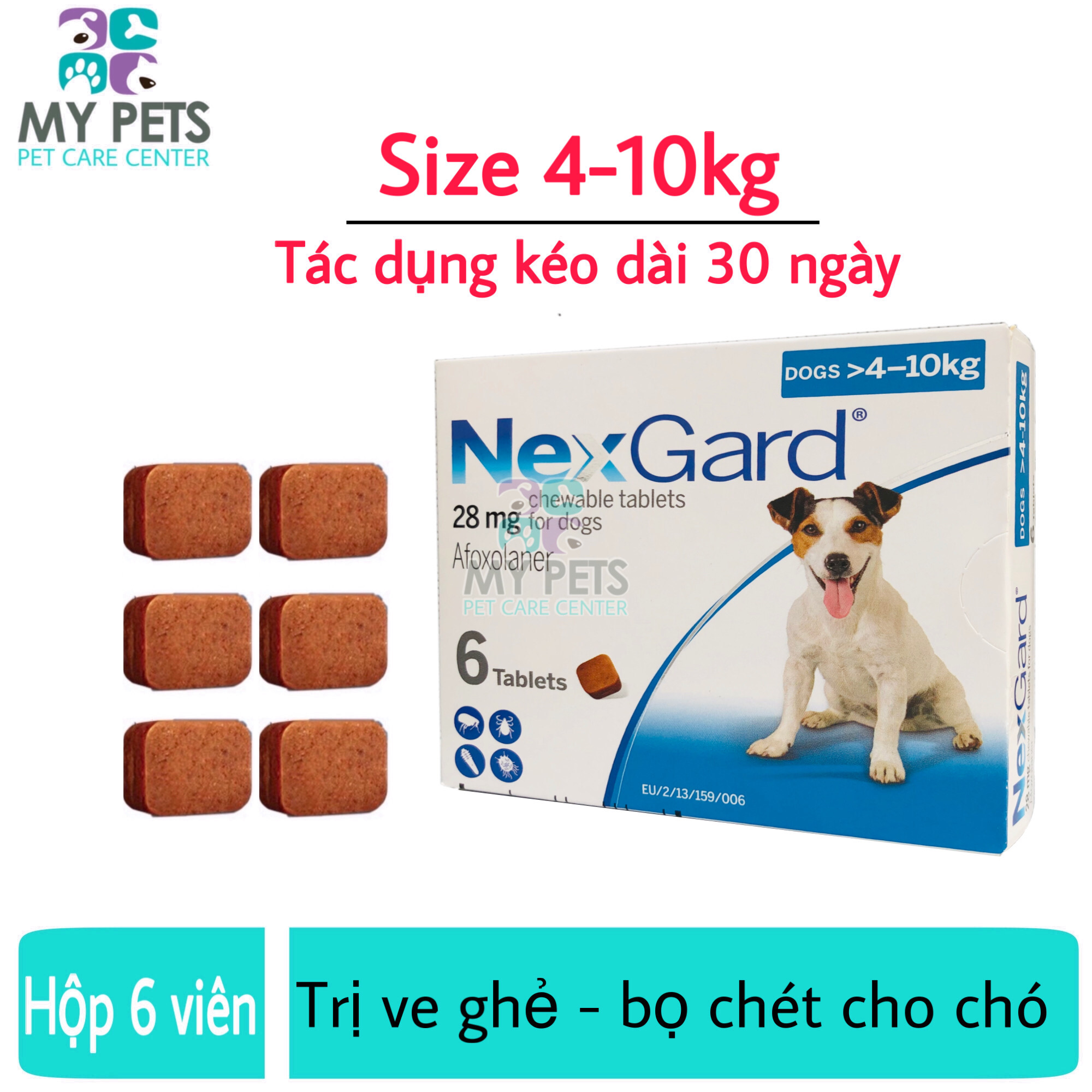 NEXGARD viên nhai ve ghẻ bọ chét cho chó - 1 hộp 6 viên (Size 4-10kg. full box)