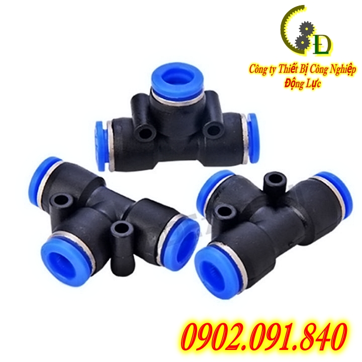 khớp nối nhanh ống khí, cút nối nhanh dây hơi phi chữ T phi 6 PET06 cho máy nén khí, phun sương, ống dẫn nước