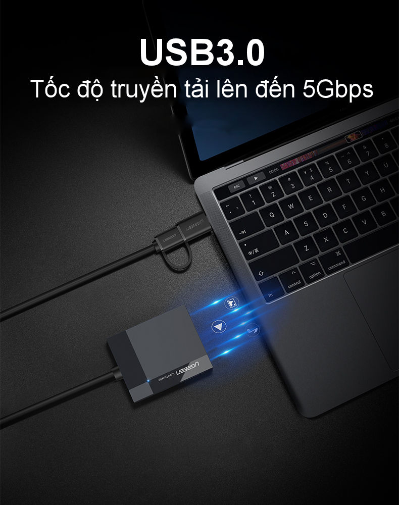 Đầu đọc thẻ hỗ trợ cổng 2 in 1 USB 3.0 / USB type C cho thẻ CF / SD / MS / TF chức năng OTG dài 50cm UGREEN CR125 Đầu đọc thẻ hỗ trợ cổng 2 in 1 USB 3.0 / USB type C cho thẻ CF / SD / MS / TF chức năng OTG dài 50cm UGREEN CR125
