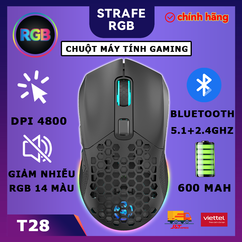 Chuột Gaming Không Dây T28 tắt âm chống ồn RGB 14 màu BT5.1 kết nối 2.4G DPI 4800 chơi game cho laptop MCBook PC