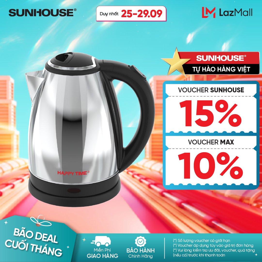 Ấm đun siêu tốc 1.5L Happy Time HTD1055 - Tự động tắt khi sôi - Chất liệu Inox cao cấp - Tay cầm nhựa siêu bền chống nóng - Hàng chính hãng bảo hành 12 tháng
