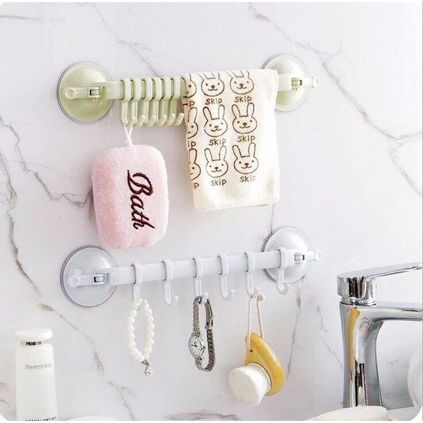 [HCM]Thanh treo đồ nhà tắm nhà bếp 6 móc hút chân không 2 đầu linh hoạt