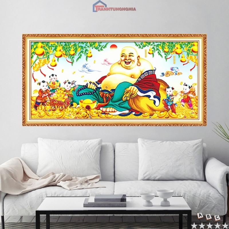 Tranh đính đá DF569 (1m10 x 55cm), tranh thêu chữ thập phật di lạc LV3432 (1m x 55cm)
