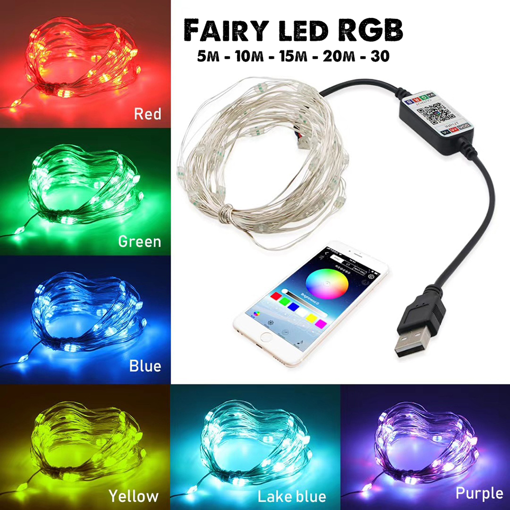 Dây đèn led fairy rgb nguồn usb 5v kết nối bluetooth dùng trang trí nhà cửa, cây thông noel, phòng ngủ