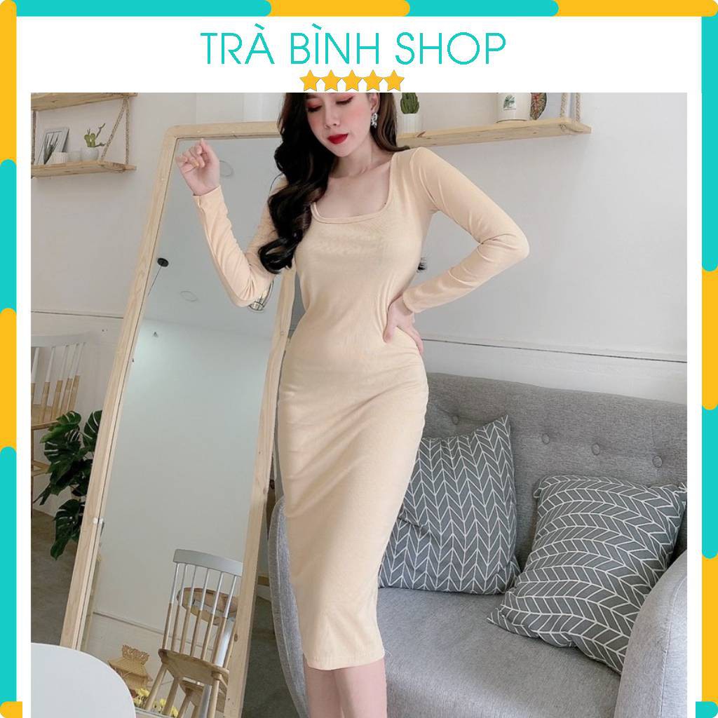 Váy len tăm body dáng dài cổ vuông đầm len cổ vuông quyễn rũ sang trọng
