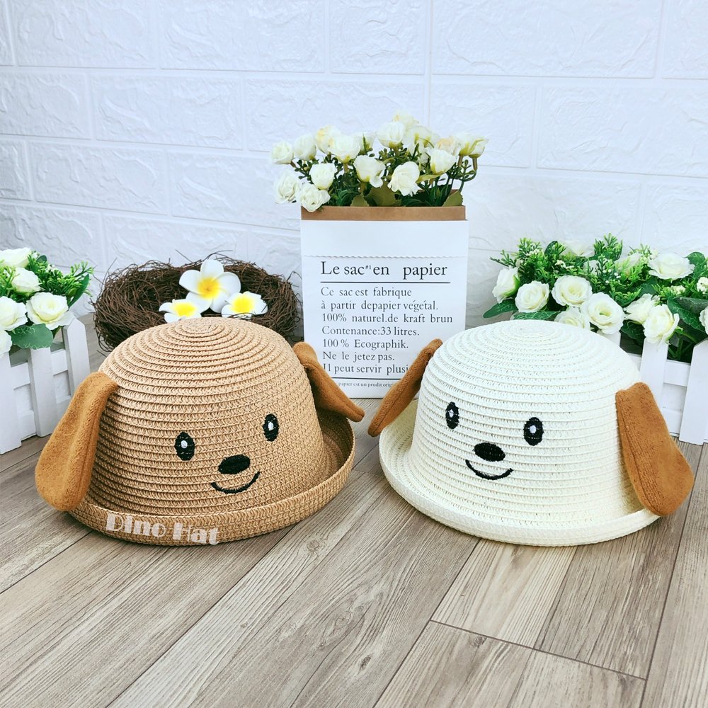 [2-4 tuổi] Nón Mũ Cói Có Quai Cho Bé Trai Bé Gái Từ 2 3 4 Tuổi Vòng Đầu 51cm Hình Chú Chó Dễ Thương NK29 - Dino Hat