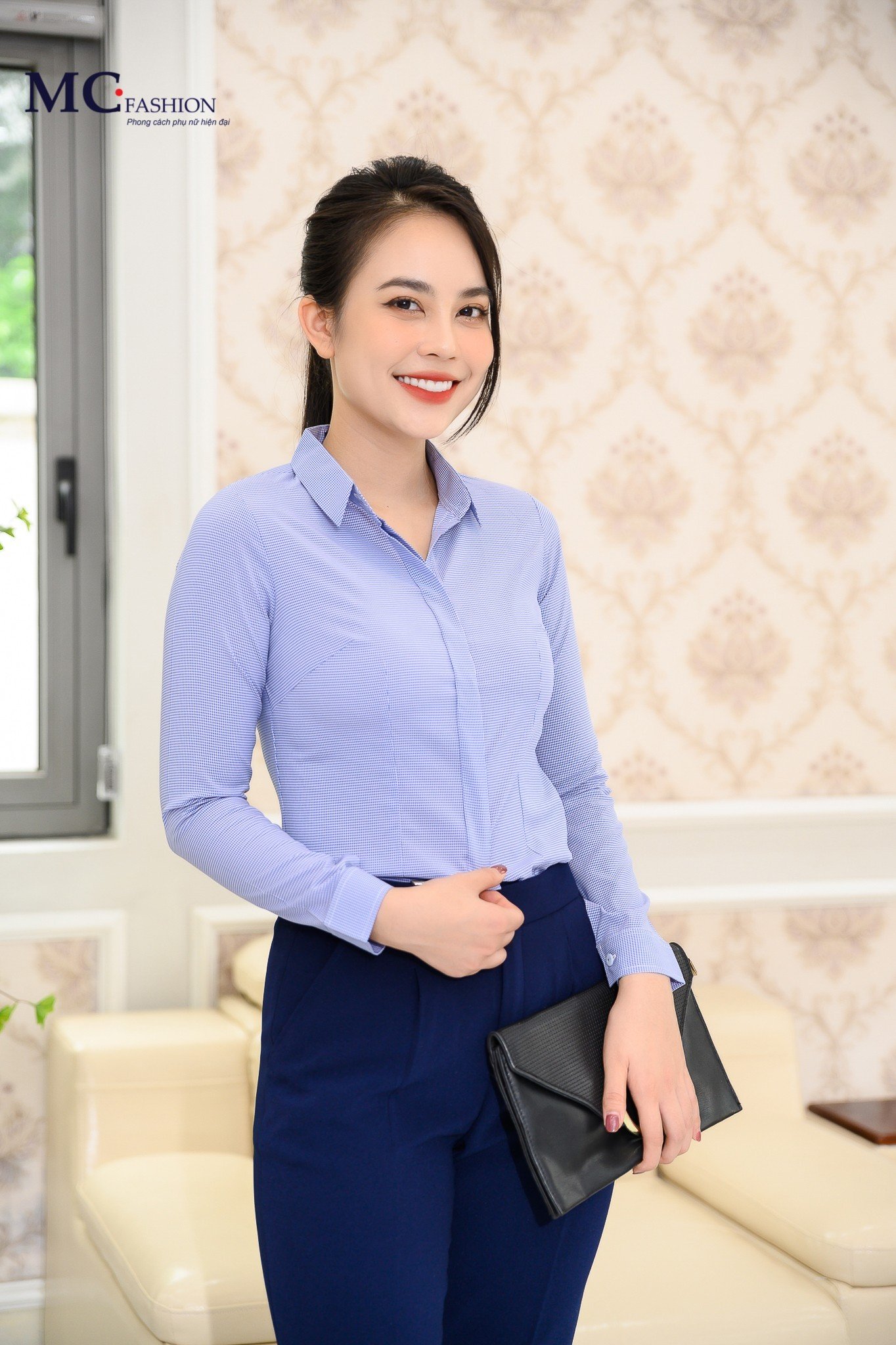 Áo sơ mi công sở nữ chuẩn form Áo sơ mi cổ đức MC Fashion siêu lụa mát 681