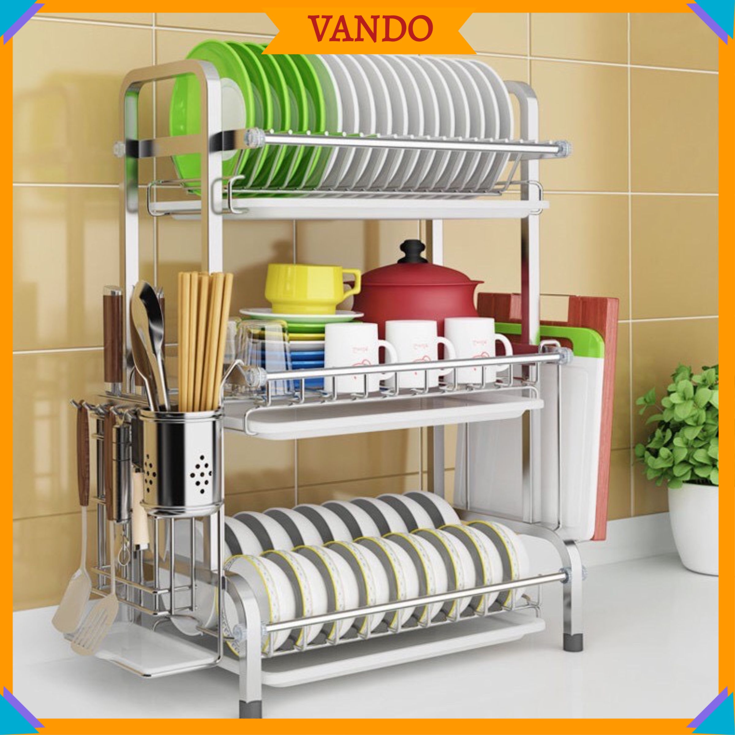 Kệ để chén đĩa inox 304 vando giá bát nhỏ có khay hứng nước