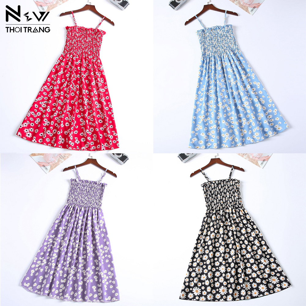 Đầm hoa cúc xếp ly hai dây - new thời trang