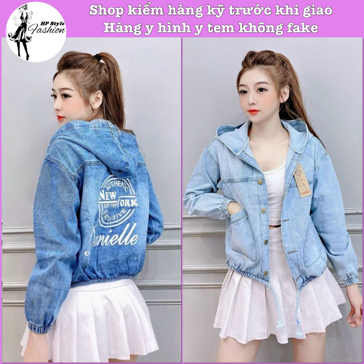 Áo khoác jean có nón chống nắng in chữ dáng dài có dây rút