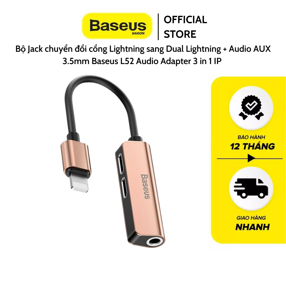 Bộ Jack chuyển đổi cổng Lightning sang Dual Lightning + Audio AUX 3.5mm Baseus L52 Audio Adapter 3 in 1 IP male to dual IP and 3.5mm female adapter