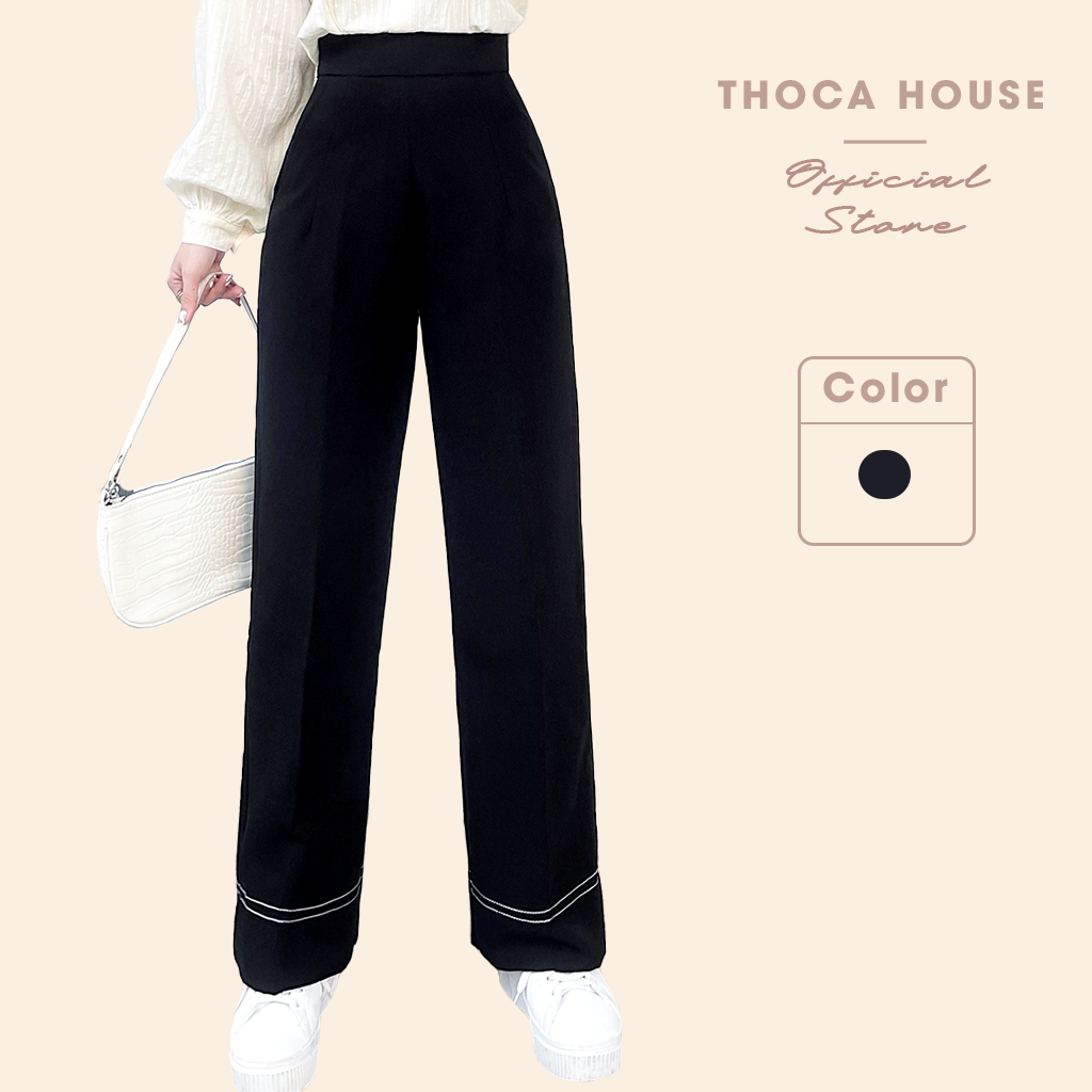 Quần ống rộng nữ đen viền chỉ kem THOCA HOUSE tôn dáng dễ phối đồ phù hợp đi học, đi làm, đi chơi