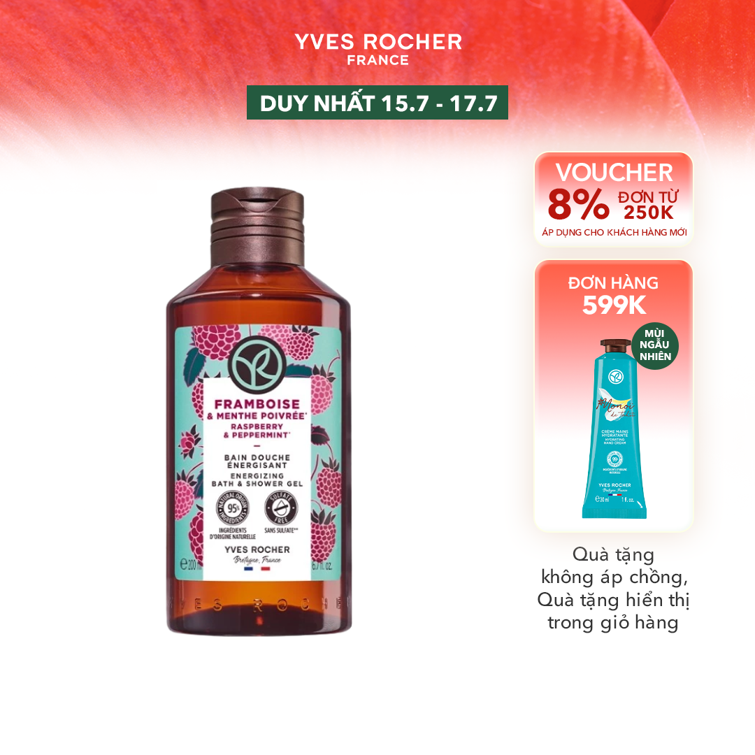 Sữa tắm dạng gel hương mâm xôi đỏ & bạc hà Yves Rocher Shower Gel Raspberry Peppermint 200ml